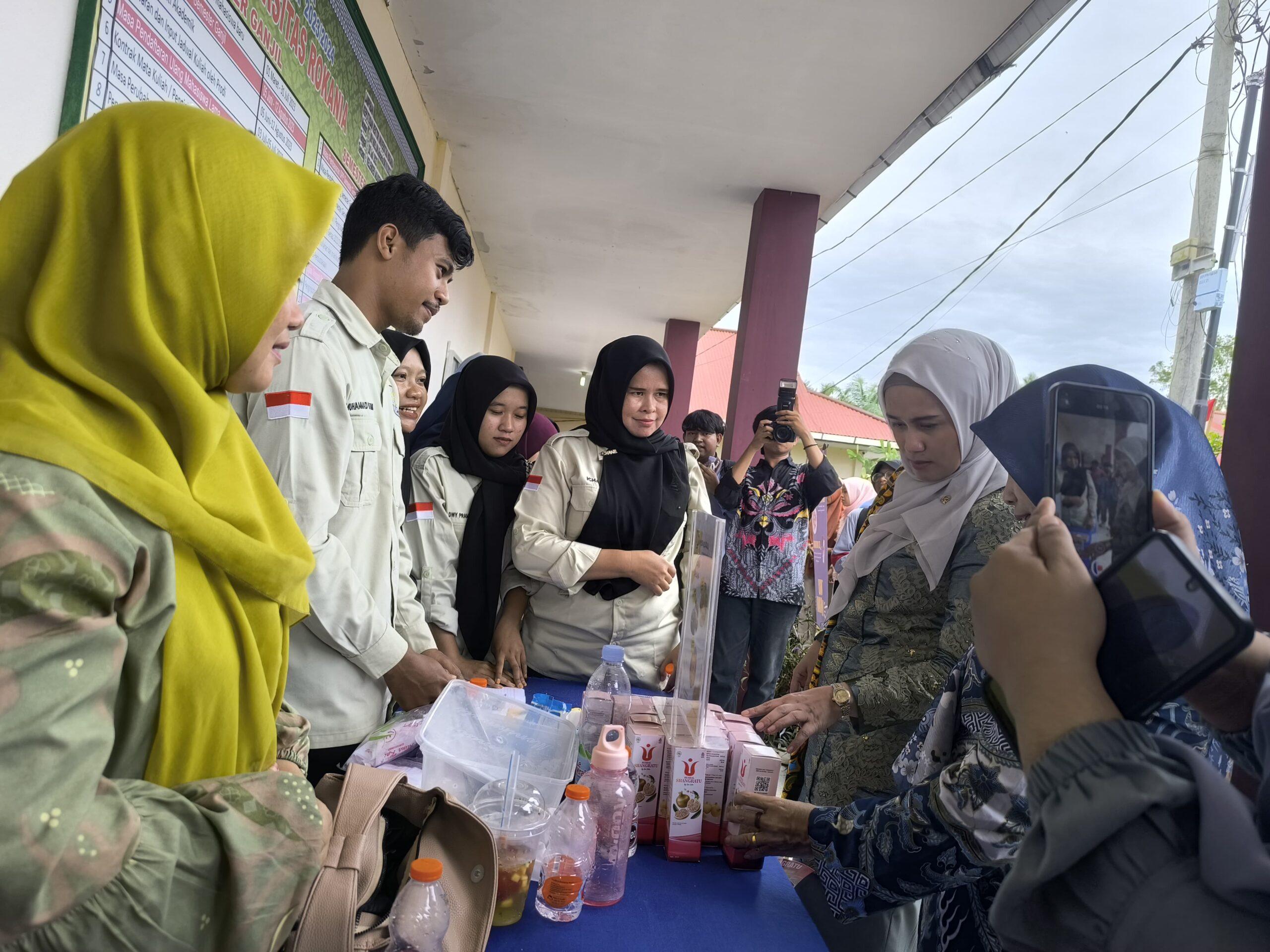 Dr. Hj Karmila Sari bersama Rektor Universitas Rokania menyaksikan hasil produk kreatif mahasiswa