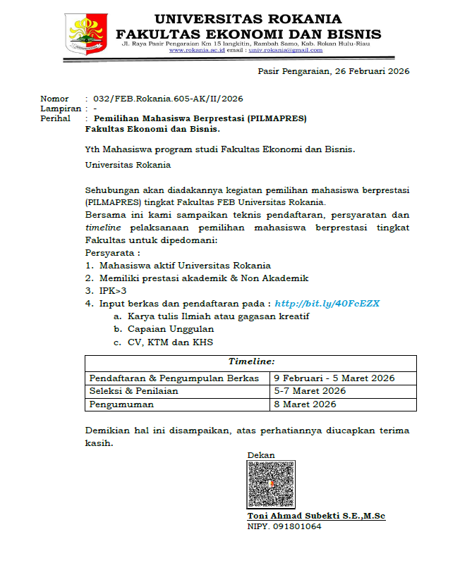  Seleksi Pemilihan Mahasiswa Berprestasi (PILMAPRES) FEB Universitas Rokania tahun 2026