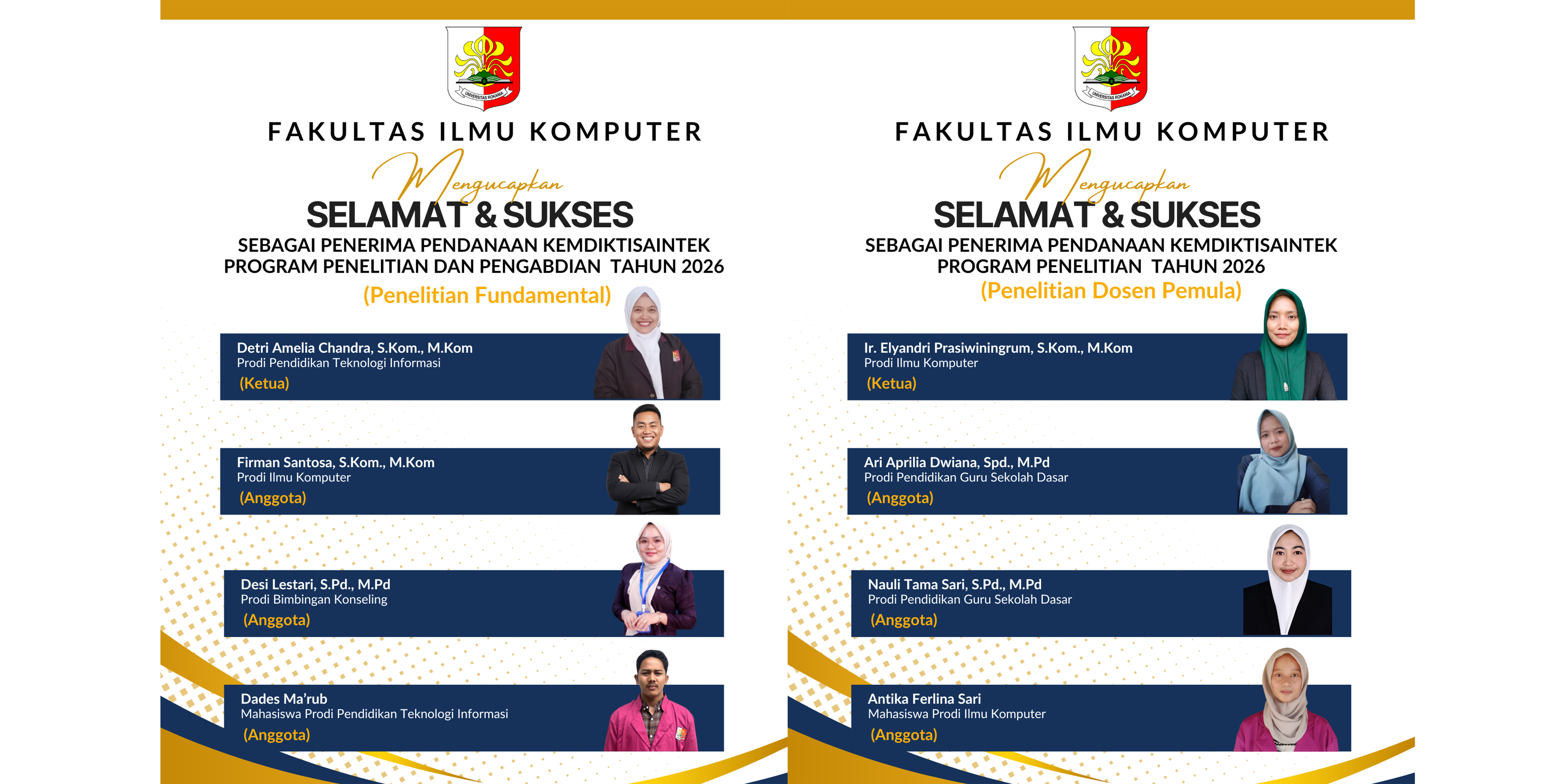 Fakultas Ilmu Komputer Universitas Rokania Ucapkan Selamat kepada Dosen Penerima Pendanaan Program Penelitian Tahun 2026